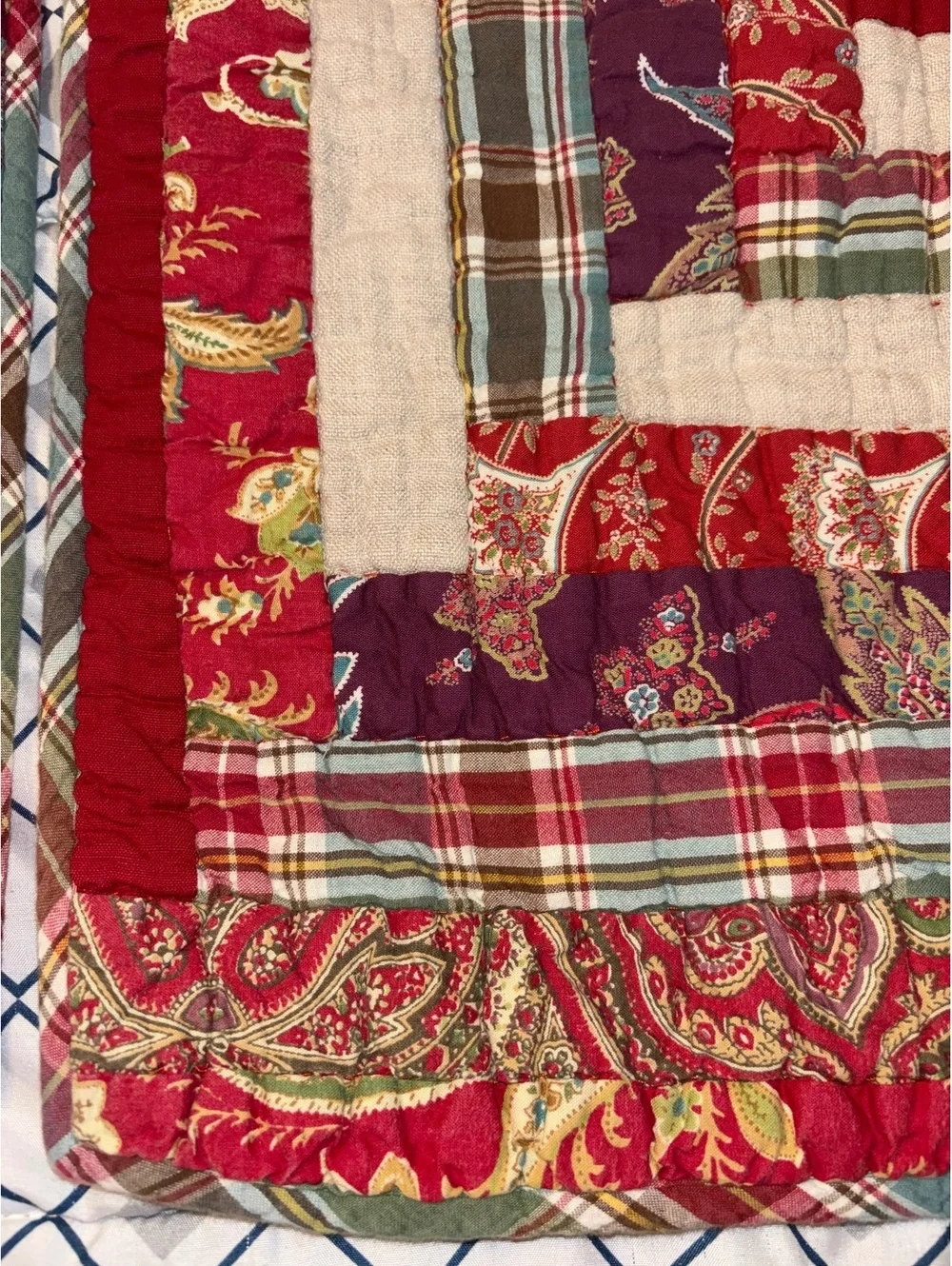 Vintage 2009 Pottery Barn Log Cabin Patchwork Pillow Shams Set Red Plaid Paisley